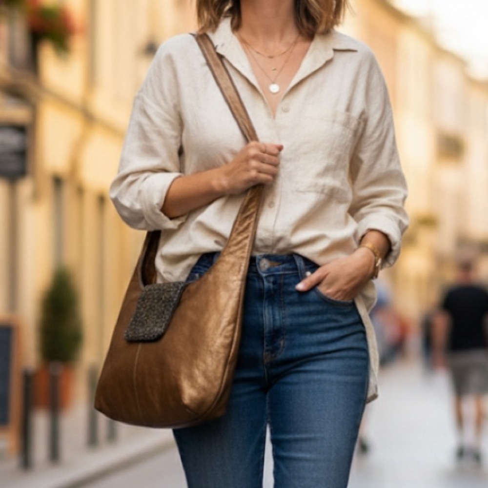 Bronze color shoulder bag with embellished magnetic closure
